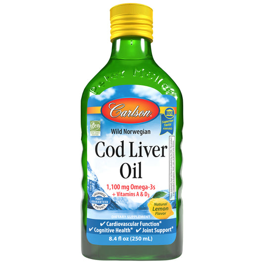 Carlson Cod Liver Oil has won numerous awards for its taste and quality. It's wild-caught off the coast of Norway and comes in lemon, green apple, fruit splash, or natural flavor. sku_1351 cod liver oil, norwegian cod liver oil, cod liver oil liquid