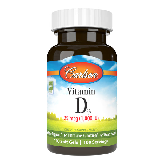 Carlson Vitamin D3 1,000 IU (25 mcg) promotes strong bones, supports immune system health, and helps regulate calcium and phosphorus metabolism. sku_1451-UPC