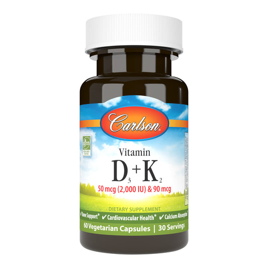Provide your body with the power duo of vitamin D3 and K2 MK-7 with Carlson Vitamin D3 + K2. Each serving provides 2,000 IU (50 mcg) of vitamin D3 and 90 mcg of vitamin K2 as MK-7, which supports cardiovascular system health, and healthy bones and teeth. sku_1061-UPC carlson vitamin d, carlson vitamin d3, vitamin d3 k2 supplement