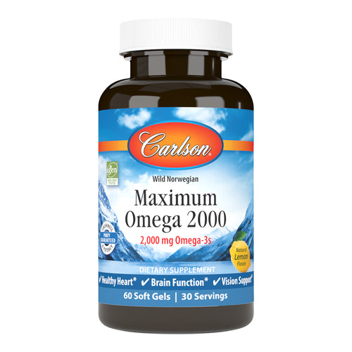 Maximum Omega 2000 provides 2,000 mg of omega-3s per serving, including 1,250 mg of EPA and 500 mg of DHA to promote heart, brain, vision, and joint health. sku_1720-UPC carlson maximum omega 2000, 2000 mg fish oil, omega 3 2000 mg