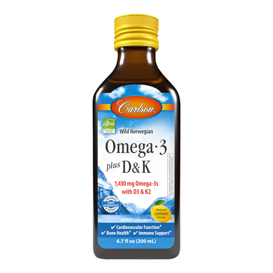 Omega-3 + D & K provides omega-3s, vitamin D3, and vitamin K2 as MK-7. 